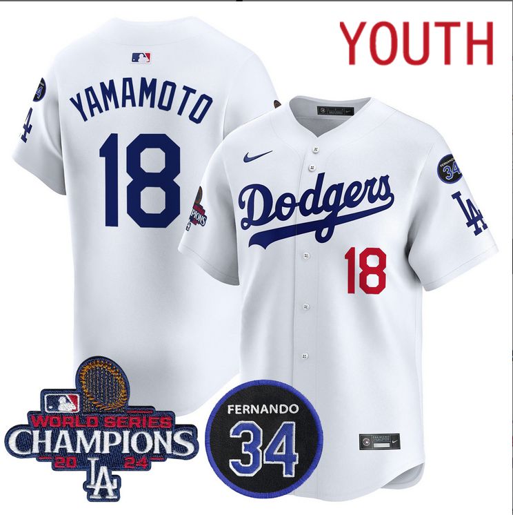 Youth  MLB Los Angeles Dodgers #18 Yamamoto white 2024 World Series Champions Patch Limited Jersey->youth mlb jersey->Youth Jersey